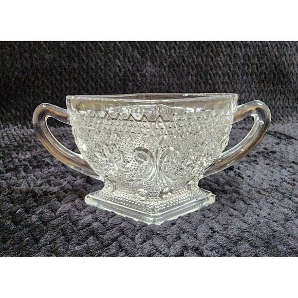 Indiana Glass Tiara Exclusives Sandwich Pattern Cream & Sugar Set Clear 1950s - Picture 2 of 11